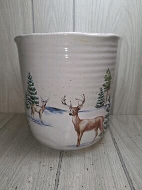 St. Nicholas Square Winter White Country Croc Jar Forest Cabin Deer Planter